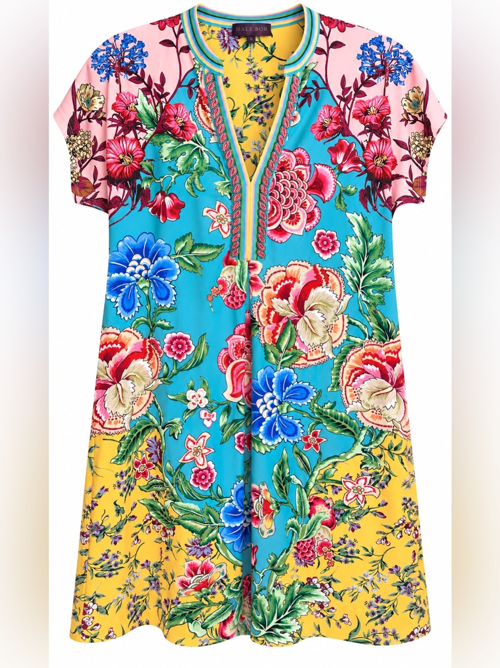 Hale Bob Multicolor Floral V-Neck Dress in Turquoise, Yellow & Pink